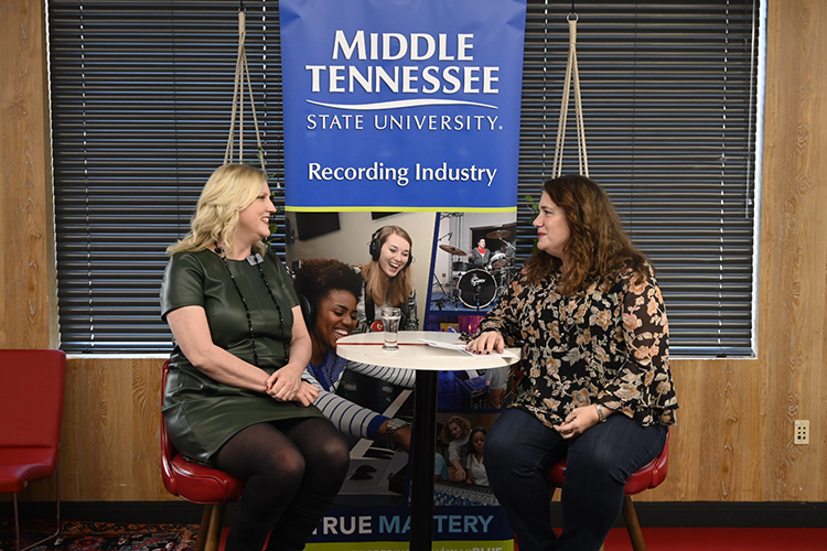 Beverly Keel, left, new dean of the MTSU College of Media and Entertainment, discusses her new role at an alumni outreach brunch held Saturday in advance of the 62nd annual Grammy Awards set for Sunday at Staples Center. (MTSU photo by Andrew Oppmann)