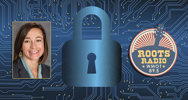 photo of MTSU accounting professor Andrea S. Kelton and the WMOT-FM Roots Radio 89.5 logo superimposed over a graphic depicting a computer circuit board with a stylized padlock atop it