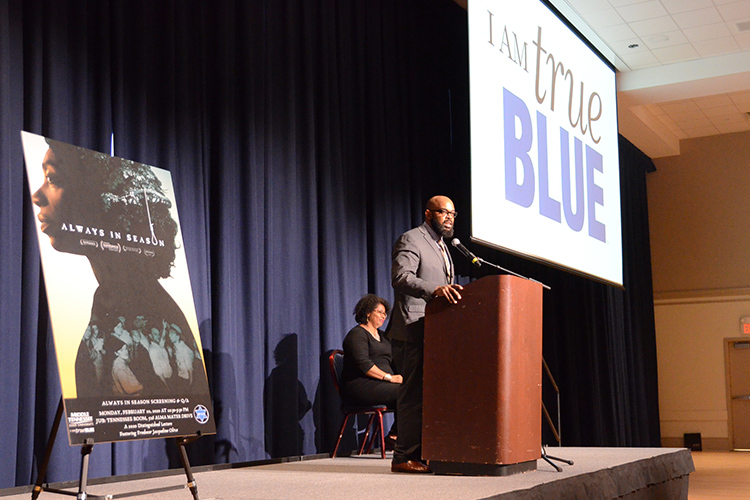MTSU history professor Aaron Treadwell introduces independent filmmaker Jacqueline Olive before her documentary “Always in Season” is screened Feb. 10 in the James Union Building’s Tennessee Room. (MTSU photo by Jimmy Hart)