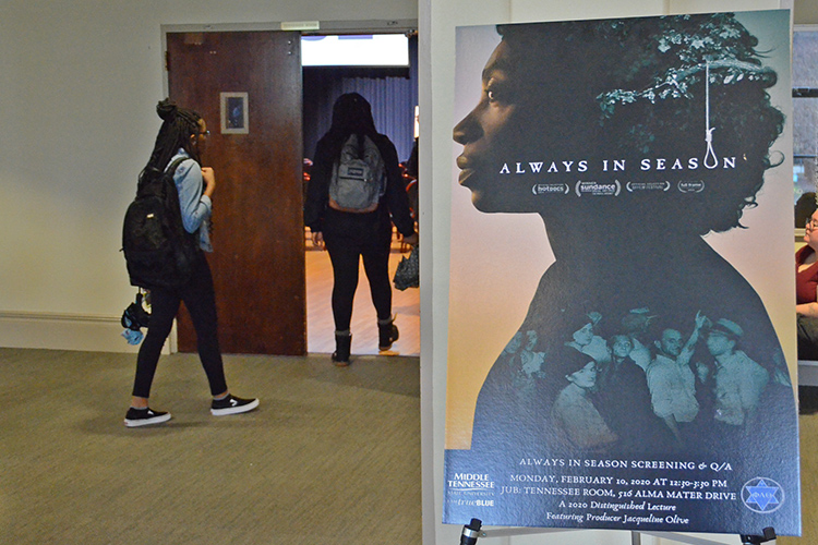 MTSU students enter the James Union Building’s Tennessee Room for the Feb. 10 screening of the documentary “Always in Season.” (MTSU photo by Jimmy Hart)