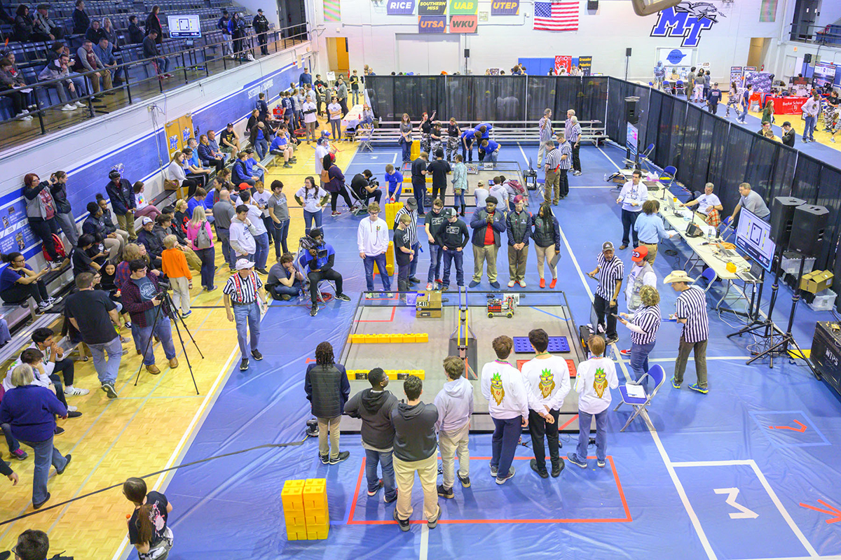 From start to finish, the MTSU Alumni Memorial Gym floor was a buzz of activity Saturday, Feb. 8, during the second TNFIRST First Tech Challenge regional competition. (MTSU photo by Cat Curtis Murphy)