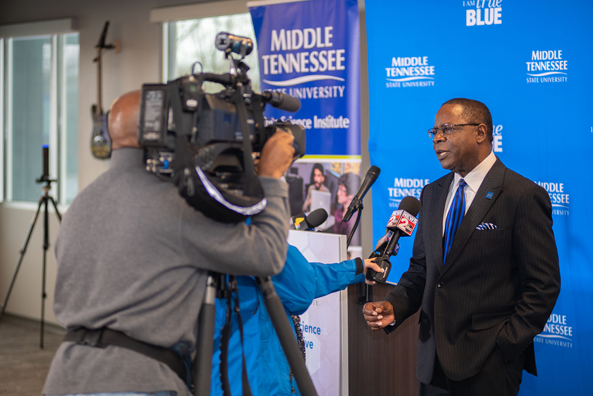 MTSU President Sidney A. McPhee conducts an interview Tuesday, Feb. 18, with WKRN-TV News 2 at the university’s kickoff of the Tennessee Data Initiative held at the Nashville Technology Council’s headquarters. The initiative includes a new bachelor’s degree in data science, a graduate certificate and pursuit of innovative programming and research project in the emerging field of “big data.” (MTSU photo by James Cessna)