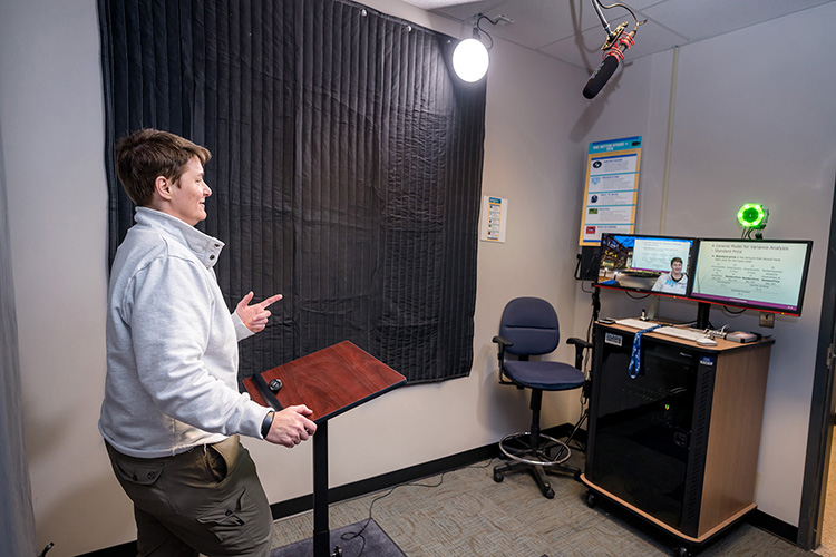 Finance professor Anne Anderson, Weatherford Chair of Finance, tapes a lecture for an online class in the Jones College of Business One Button Studio. (MTSU photo by J. Intintoli)