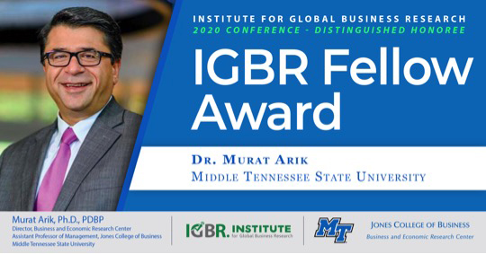 MTSU faculty member Murat Arik, Ph.D., director of the Business and Economic Research Center, was recently presented the Institute for Global Business Research’s 2020 IGBR Fellow Award. (Submitted illustration)