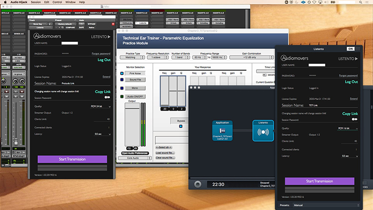 This screen grab displays the wide array of windows students in Michael Hanson’s digitally revised Critical Thinking classes can see on their monitors. From left, a ProTools mixing board; the Listento plugin with a link to ProTools; Technical Ear Trainer software; Audio Hijack, which allows students who cannot download Listento to grab programs; and a Listento plugin with a link to Technical Ear Trainer. (Image submitted)