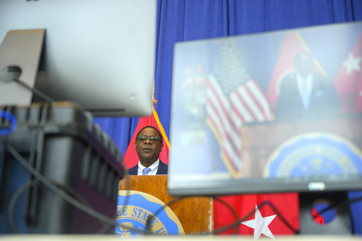 MTSU President Sidney A. McPhee speaks to a Zoom platform audience during the virtual Graduating Veterans Stole Ceremony in late April in the Cope Administration Building lobby. More than 20 graduating student veterans and ROTC cadets participated in the ceremony. (MTSU file photo by Cat Curtis Murphy)