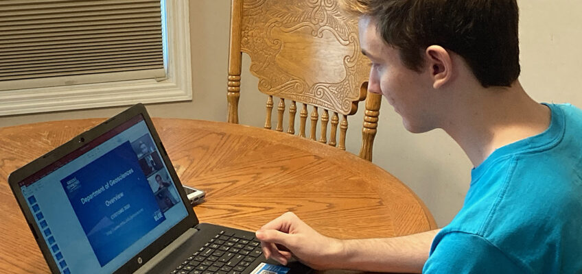 Alex Purdom of Unionville, Tenn., in Bedford County chats online with his adviser, Irina Novozhilova, planning out his fall class schedule during CUSTOMS orientation Thursday, May 14. He is a senior at Community High School in Unionville and plans to study geosciences with a physical geography concentration. CUSTOMS is being conducted virtually this summer. (Submitted photo by Mary Purdom)