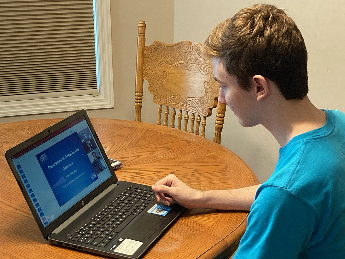 Alex Purdom of Unionville, Tenn., in Bedford County chats online with his adviser, Irina Novozhilova, planning out his fall class schedule during CUSTOMS orientation Thursday, May 14. He is a senior at Community High School in Unionville and plans to study geosciences with a physical geography concentration. CUSTOMS is being conducted virtually this summer. (Submitted photo by Mary Purdom)