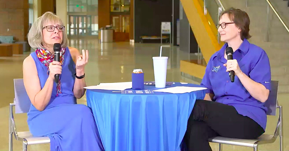 Deb Sells, left, vice president of Student Affairs and vice provost for Enrollment and Academic Services, speaks to a group of incoming students participating on the first day of virtual orientation Thursday, May 14. is joined on the session from the Student Union by Laurie Witherow, associate vice provost for Enrollment Service, CUSTOMS will be online throughout the summer. Sells (Screen capture from virtual orientation via Zoom)
