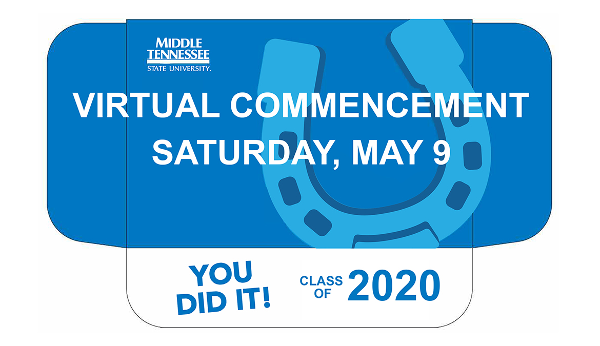 cover of spring 2020 MTSU “True Blue Graduation Box” with text reading “Virtual Commencement, Saturday, May 9”