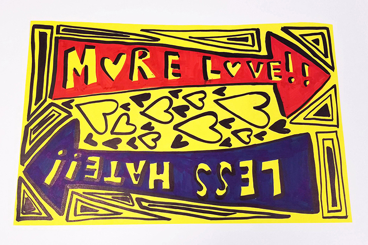 This sign, which reads “More Love, Less Hate,” was donated by Abby Reish. It was used in the Murfreesboro Loves counterprotests to white nationalist demonstrations in 2017. (Submitted by Albert Gore Research Center)