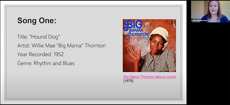 In “Tennessee Music,” Layla Smallwood, an MTSU doctoral student in the public history program, in the screen at upper right, explains how “Big Mama” Thornton’s 1952 recording of “Hound Dog” influenced Elvis Presley’s 1956 version. “Tennessee Music” is the second in a series of “Digging In with TPS-MTSU” webinars hosted by the Center for Historic Preservation. (Screen capture)