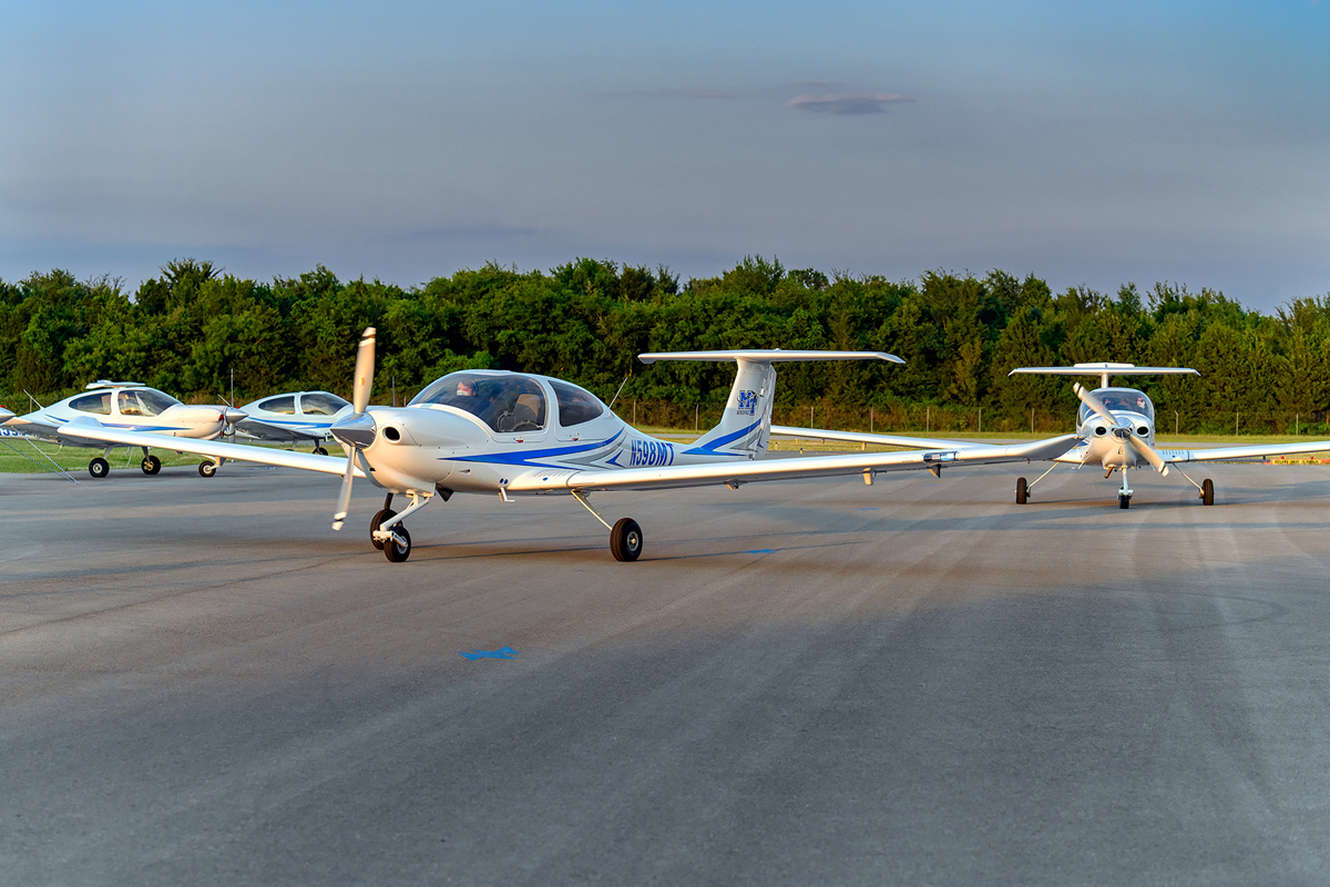 MTSU students and certified flight instructors Ryan Patterson, front, and Cole Ferraro and Copher Kashif fly in the newest additions to the MTSU fleet of Diamond Aircraft from the Canadian factory to Murfreesboro Airport on Friday, June 19. Diamond flew four new planes to Murfreesboro in April. (MTSU photo by J. Intintoli)