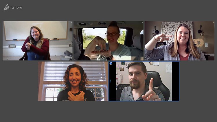 Instructor Haley Jensen, top left, and, clockwise from left, Stacie Lowry, Sarah Pruitt, Sarah Seago, and Joshua Jensen display their American Sign Language skills via video conferencing. (Photo submitted)