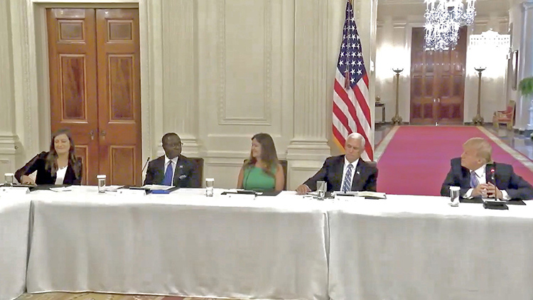 A screenshot from a video showing MTSU Student Trustee Delanie McDonald, left, as she prepares to speak at a White House panel Tuesday on plans to reopen the nation’s schools and universities this fall. Joining McDonald, from left, was MTSU President Sidney A. McPhee, second lady Karen Pence, Vice President Mike Pence and President Donald Trump.
