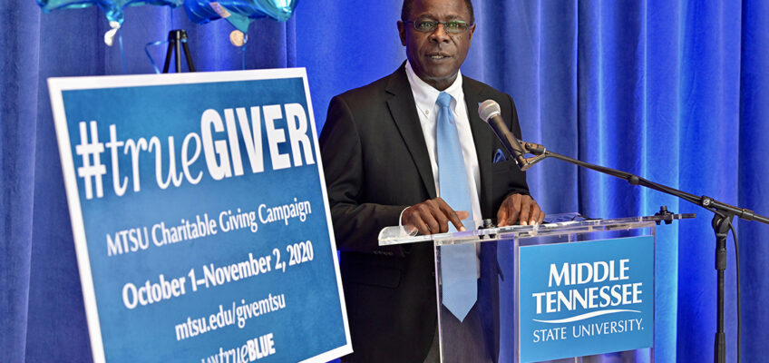 MTSU President Sidney A. McPhee announces a $135,000 for the 2020-21 MTSU Employee Charitable Giving Campaign during a kickoff ceremony held recently in the atrium of the Cope Administration Building. (MTSU photo by Andy Heidt)