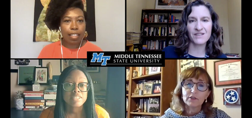 Participants in MTSU's Sept. 17 Constitution Day panel, "Voting Access, Equity, Justice: Beyond Celebration,” discuss the setbacks and challenges faced by Black women working toward passage of the 19th Amendment and the aftermath of that work. Clockwise from upper left are Aleia Brown, an alumna of MTSU’s doctoral Public History Program and the assistant director of the African American Digital Humanities Initiative at the University of Maryland’s Maryland Institute for Technology in the Humanities; Laura Free, chair of the Department of History at Hobart and William Smith Colleges in Geneva, N.Y.; Minoa Uffelman, a history professor at Austin Peay State University in Clarksville, Tenn.; and Tiffany Momon, another MTSU public history alumna and a visiting professor of history at Sewanee: The University of the South. (MTSU photo illustration)