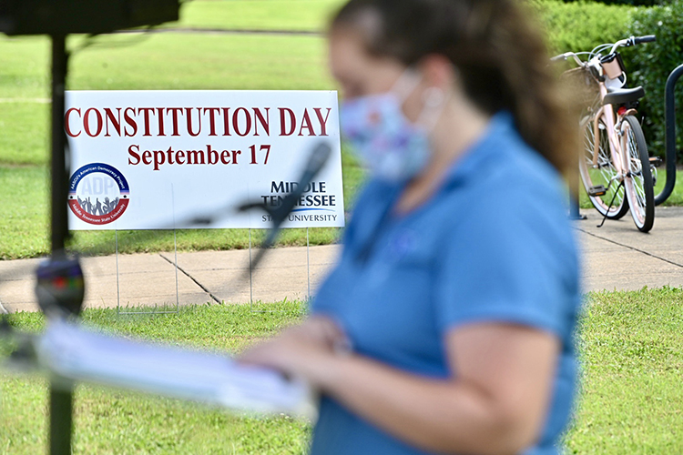 A student reads a segment of the U.S. Constitution as part of MTSU's 2020 celebration of Constitution Day. (MTSU photo by J. Intintoli)