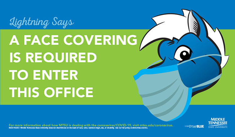 This is an example of the COVID-19 prevention signs featuring a masked Lightning mascot that can be found throughout campus. (Courtesy of MTSU Creative Marketing Solutions)