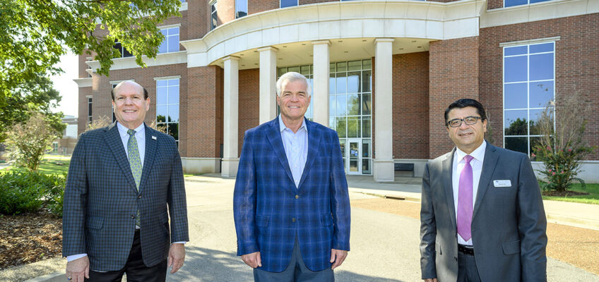 From left, Dr. David Urban, dean of the Jones College of Business at MTSU; Jim Tracy, Tennessee state director of USDA Rural Development; and Dr. Murat Arik, director of the Business and Economic Research Center at MTSU, meet on Sept. 21, 2020, outside the Business and Aerospace Building to discuss a new project partnership between the USDA and the BERC to help distressed communities. (MTSU photo by J. Intintoli)