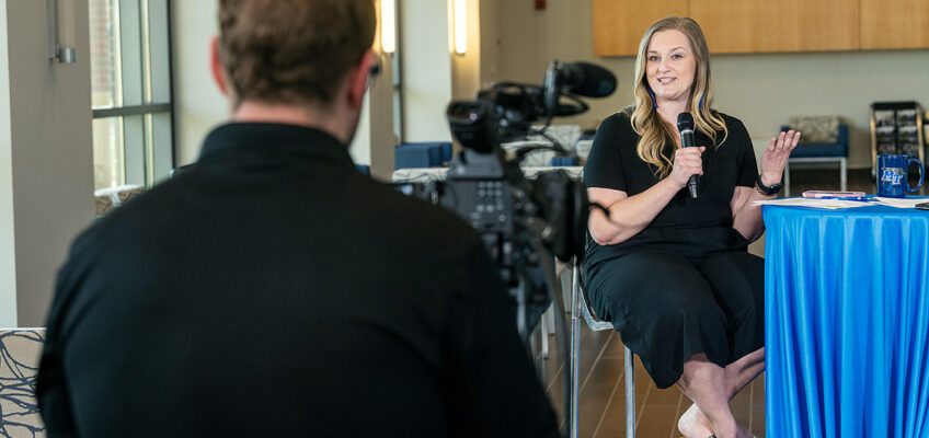 MTSU admissions recruiter October Henson, right, will co-host the upcoming Virtual True Blue Tour events with Office of Admissions colleague Tony Strode. They will interact with respective high school and transfer students and their parents. (MTSU file photo by Andy Heidt)