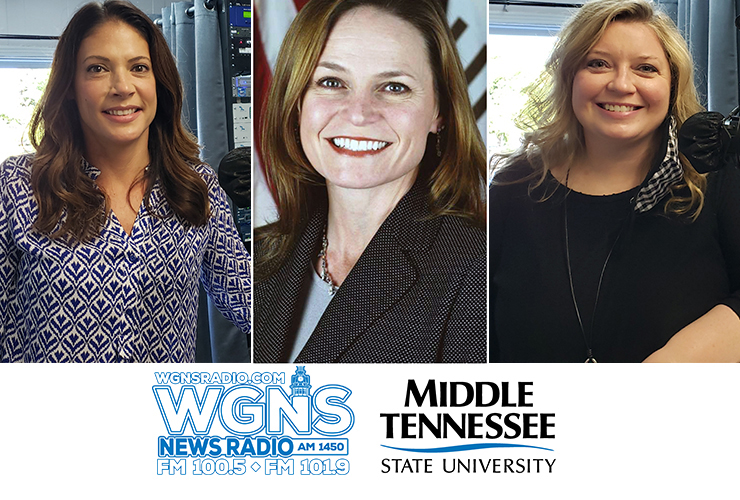 MTSU faculty and community partners appeared on WGNS Radio’s “Action Line” program with host Scott Walker. Pictured, from left, are Dr. Heather Brown, former director of the MTSU School of Concrete and Construction Management program and a professor of concrete industry management; June Iljana, media specialist with the U.S. Census Bureau‘s regional center, which includes Rutherford County and Middle Tennessee; and Rhonda King, MTSU Alumni Relations assistant director. (MTSU photo illustration by Jimmy Hart)