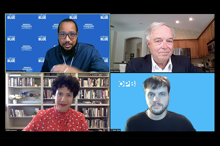 Participants in MTSU's Sept. 16 "Racial Justice Protests and the First Amendment" panel discuss the ongoing Black Lives Matter protests that have grown in force in 2020, spreading to more than 2,000 American cities in all 50 states and then worldwide. Clockwise from upper left are moderator Keonte Coleman, an assistant professor in MTSU’s School of Journalism and Strategic Media; Ken Paulson, director of the Free Speech Center at MTSU and a professor in the College of Media and Entertainment; Ryan Haas, an editor and producer for Oregon Public Broadcasting whose team of investigative journalists is covering the ongoing Black Lives Matter protests in Portland, Oregon; and Ashley Howard, a professor in the University of Iowa’s African American Studies Program whose research specialties include the global history of racial violence. (MTSU photo illustration)