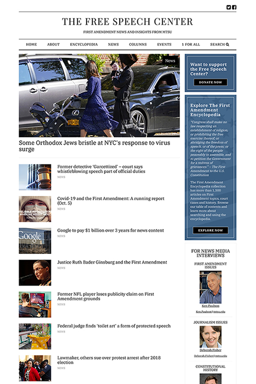 This recent screenshot shows the Free Speech Center at MTSU’s home page, http://freespeech.center, with its daily updates on the First Amendment in the news as well as links to the fully online First Amendment Encyclopedia, special center events and more.