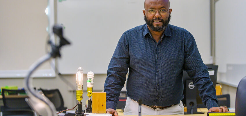 Daniel Erenso, Physics & Astronomy faculty, in Wiser-Patten Science Hall. (Photo: Andy Heidt)