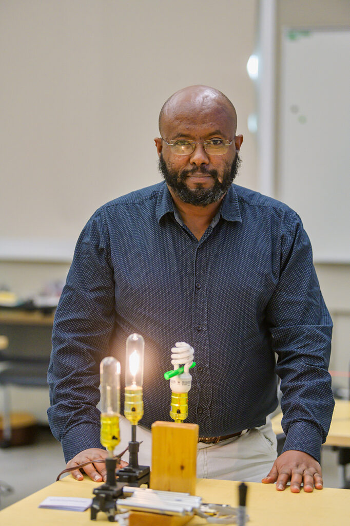 Daniel Erenso, Physics & Astronomy faculty, in Wiser-Patten Science Hall. (Photo: Andy Heidt)