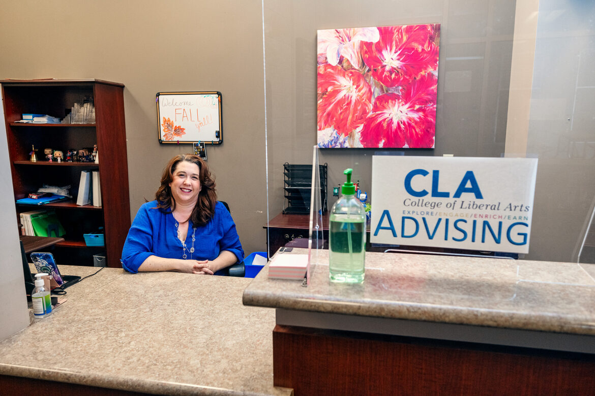 Jennifer Rice, Secretary, College of Liberal Arts Advising Center, in and around Peck Hall and Todd Hall. (Photo: Andy Heidt)