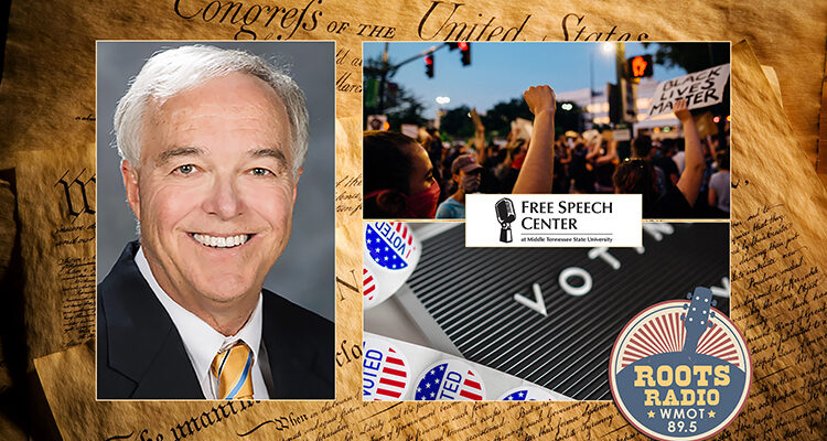 Image of the Declaration of Independence, Constitution and Bill of Rights on parchment in the background with photos of Ken Paulson, a June 2020 Black Lives Matter protest in Chattanooga, a Pexels image of of voting stickers, and the WMOT-FM Roots Radio 89.5 logo on top of it