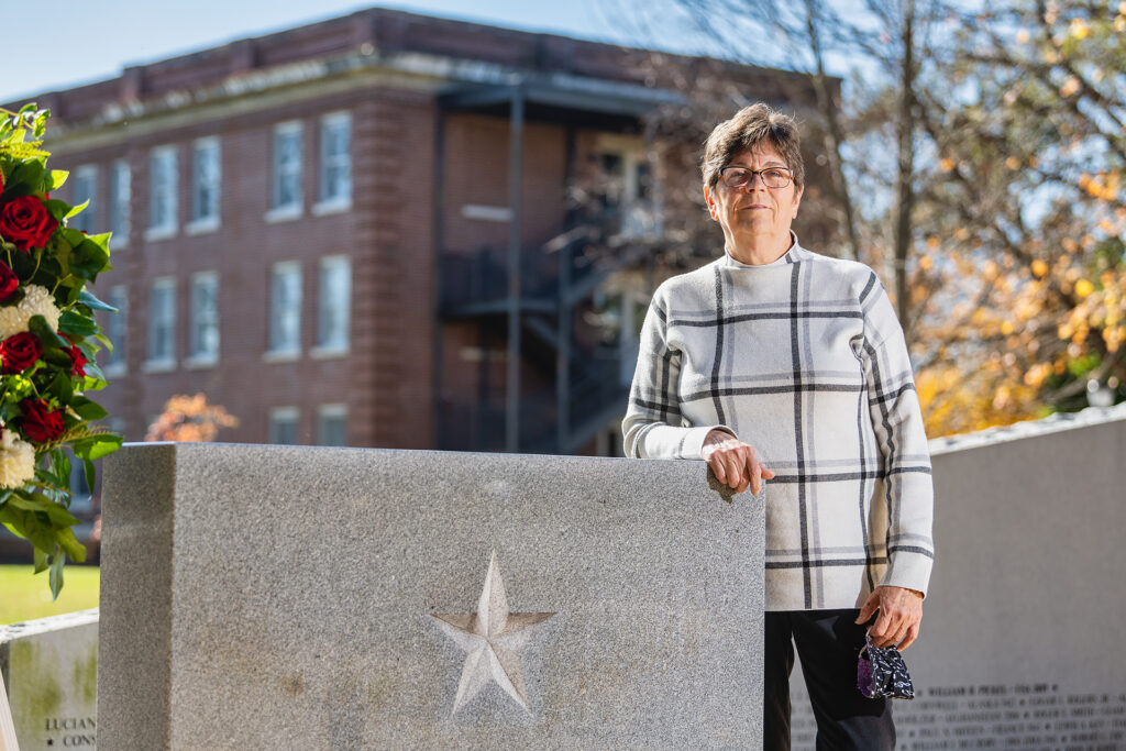 Rebecca Calahan, Mathematical Sciences faculty at the Veterans Memorial. (Photo: Andy Heidt)