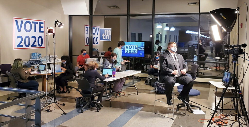 MTSU School of Journalism and Strategic Media students prepare for their 2020 election “Middle Tennessee News” coverage tonight, Nov. 3, in the Bragg Media and Entertainment Building. Live coverage from Middle Tennessee News begins at 9 p.m. Central on MTSU's educational resource channel, True Blue TV. Their fellow students at MT10, the university's student-run TV station, are covering the election live and with simulcasts from NewsChannel5 beginning at 7 p.m. (MTSU photo by Dr. Keonte Coleman)