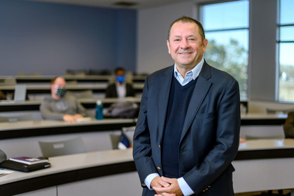 Faculty profile for Stuart Fowler, Economics & Finance in the Jones College of Business in his BAS classroom. (Photo: J. Intintoli)