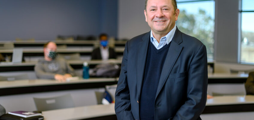 Faculty profile for Stuart Fowler, Economics & Finance in the Jones College of Business in his BAS classroom. (Photo: J. Intintoli)