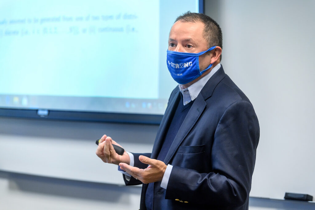 Faculty profile for Stuart Fowler, Economics & Finance in the Jones College of Business in his BAS classroom. (Photo: J. Intintoli)
