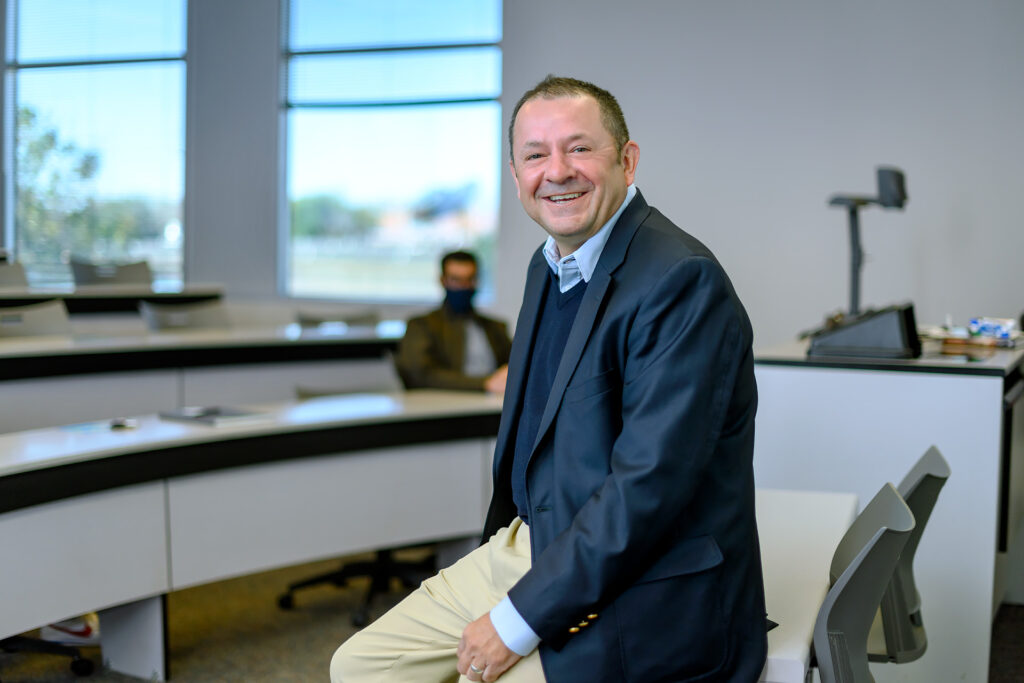 Faculty profile for Stuart Fowler, Economics & Finance in the Jones College of Business in his BAS classroom. (Photo: J. Intintoli)