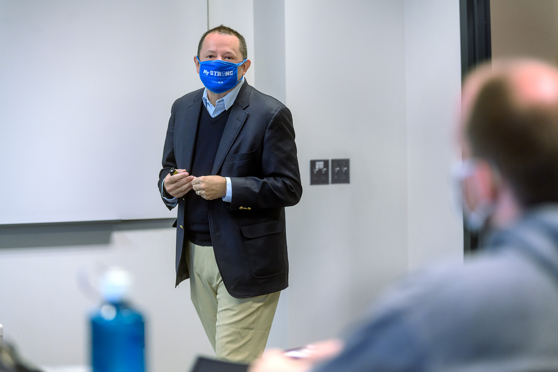Faculty profile for Stuart Fowler, Economics & Finance in the Jones College of Business in his BAS classroom. (Photo: J. Intintoli)
