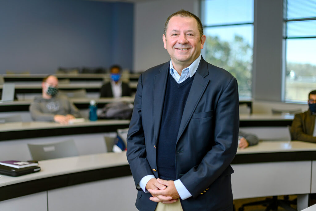 Faculty profile for Stuart Fowler, Economics & Finance in the Jones College of Business in his BAS classroom. (Photo: J. Intintoli)