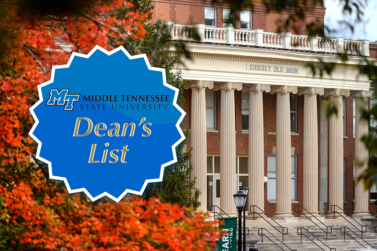 File image from November 2020 of fall leaves at Kirksey Old Main with the MTSU Dean’s List badge superimposed over the photo. (MTSU photo by J. Intintoli)