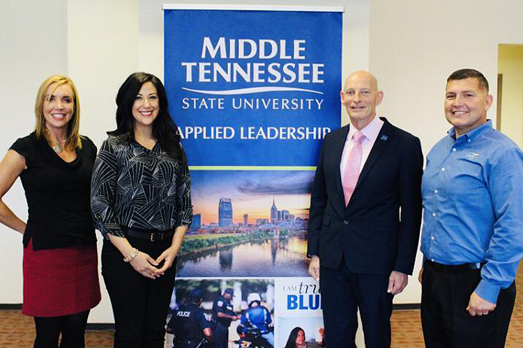 Pictured in this undated photo, from left, are Hilary Miller, director of the Charlie and Hazel Daniels Veterans and Military Family Center; MTSU student and working professional Cristin Wittwer; Keith M. Huber, senior adviser for veterans and leadership initiatives; and Shane Smith, former assistant director of the Daniels Center. Wittwer is working toward earning her bachelor’s degree in integrated studies in May 2021 after taking advantage of University College’s prior learning assessment program and flexible online courses within the Applied Leadership Program. (Submitted photo)