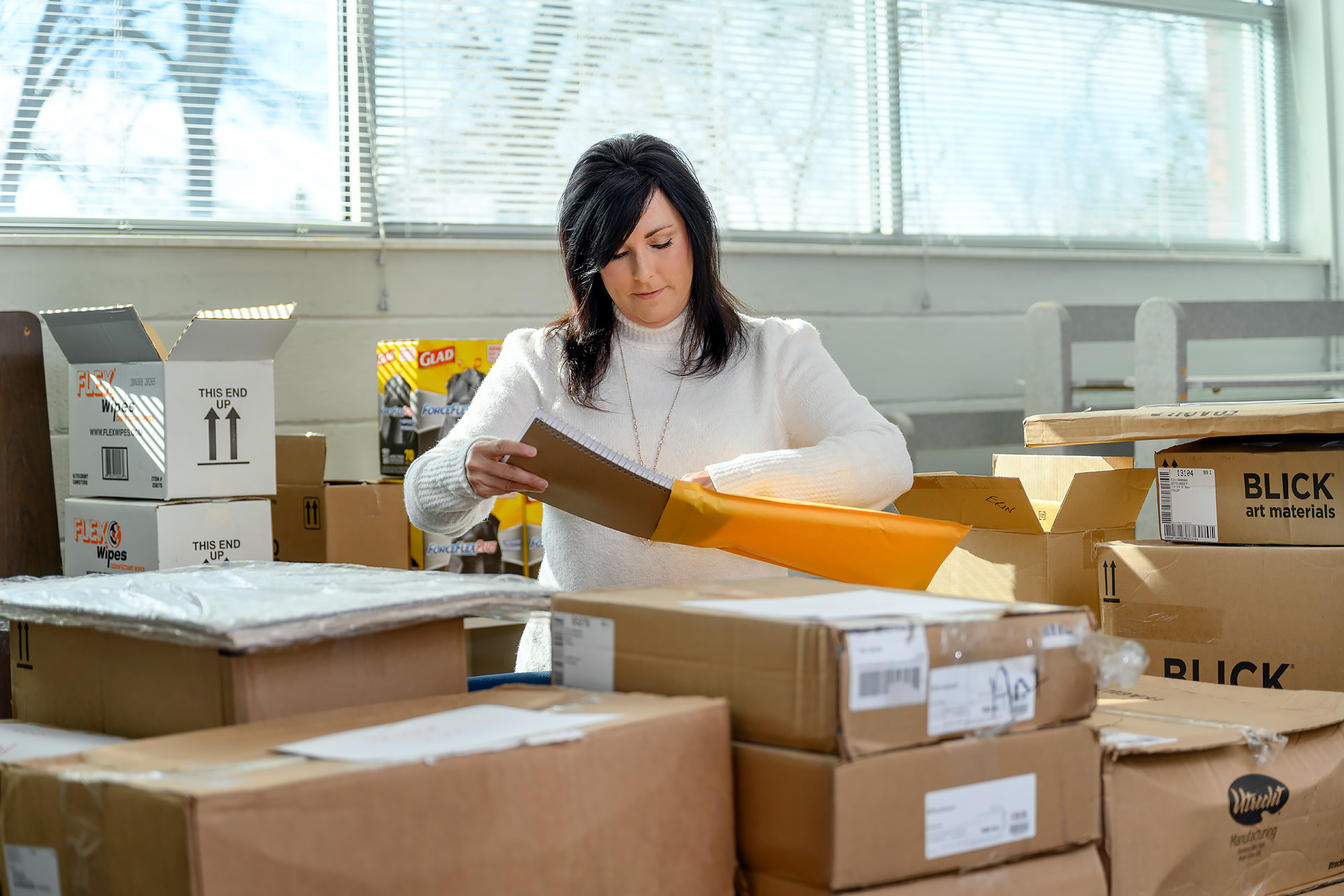 Denise Harris, executive aide for the Department of Art and Design in the College of Liberal Arts, checks the Todd Building's inventory for supplies that students, faculty and staff need to create, whether they're learning on or off campus during the pandemic. (MTSU photo by J. Intintoli)