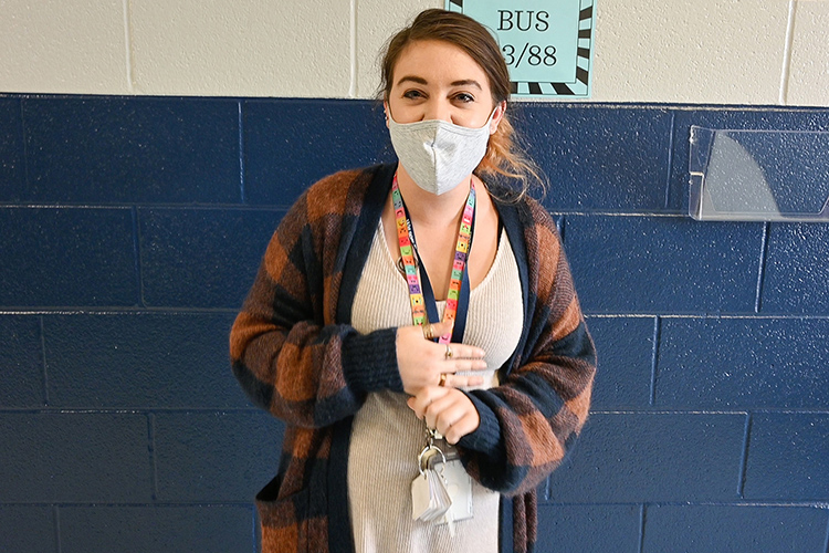 Corinne Keane, special education teacher and Middle Tennessee State University graduate, shares that it takes trial and error to figure out the best practice for her students during the pandemic during a visit to her classroom at Wilson Elementary School in Murfreesboro on Jan. 15, 2020. (MTSU photo by Stephanie Barrette)