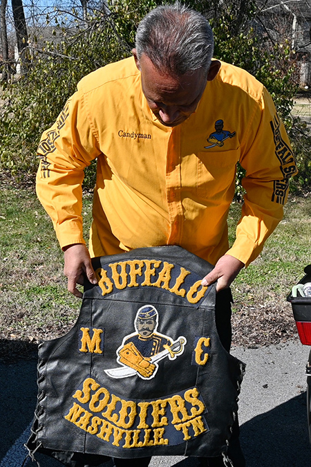 Leroy Carter, Middle Tennessee State University police officer and Buffalo Soldiers motorcycle club member, displays his vest decals for the Nashville chapter of the club on campus on Feb. 5, 2021. (MTSU photo by Stephanie Barrette)