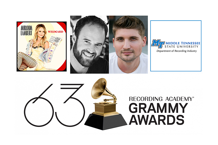 promo image with 63rd annual Grammy Awards logo below cover of Miranda Lambert’s 2019 CD “Wildcard,” winner of the Grammy Award for best country album for 2020, photos of MTSU Department of Recording Industry alumni Jason A. Hall and Jimmy Mansfield, and the Department of Recording Industry logo.