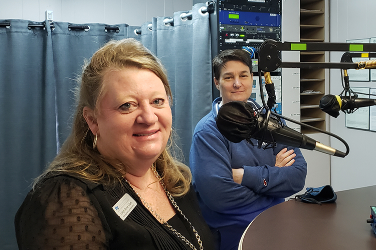 From left, Dr. Leigh Anne Clark, professor of management and Tolbert Faculty Fellow of Business Ethics, and Dr. Anne Anderson, finance professor and Weatherford Chair of Finance in the Jones College of Business, appear on the March 15 WGNS “Action Line” program with host Scott Walker from the station’s downtown Murfreesboro studio. (MTSU photo by Jimmy Hart)