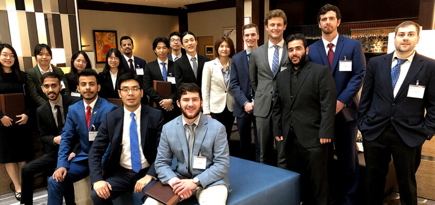Economics and Finance professor Kevin Zhao, seated in blue tie, is shown with his entire Spring 2019 TVA Investment Challenge class at the TVA’s annual Challenge Conference in Nashville, Tenn. The annual competition allows college students from universities throughout the region an opportunity to manage a real stock portfolio to hone their analytical skills. (Submitted photo)