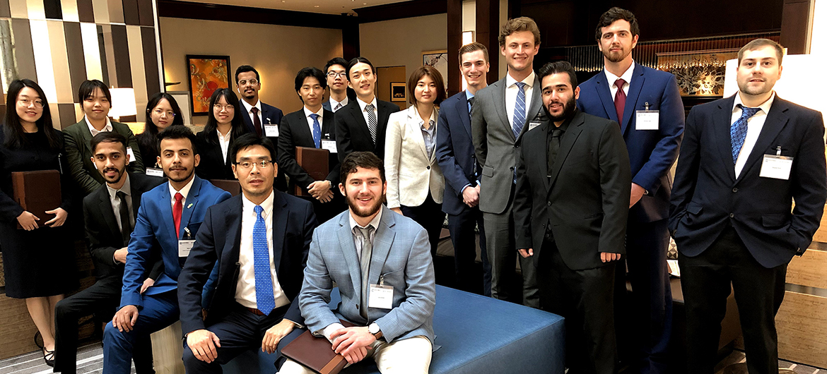 Economics and Finance professor Kevin Zhao, seated in blue tie, is shown with his entire Spring 2019 TVA Investment Challenge class at the TVA’s annual Challenge Conference in Nashville, Tenn. The annual competition allows college students from universities throughout the region an opportunity to manage a real stock portfolio to hone their analytical skills. (Submitted photo)