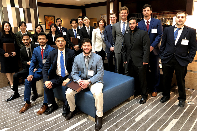 Economics and Finance professor Kevin Zhao, seated in blue tie, is shown with his entire Spring 2019 TVA Investment Challenge class at the TVA’s annual Challenge Conference in Nashville, Tenn. The annual competition allows college students from universities throughout the region an opportunity to manage a real stock portfolio to hone their analytical skills. (Submitted photo)